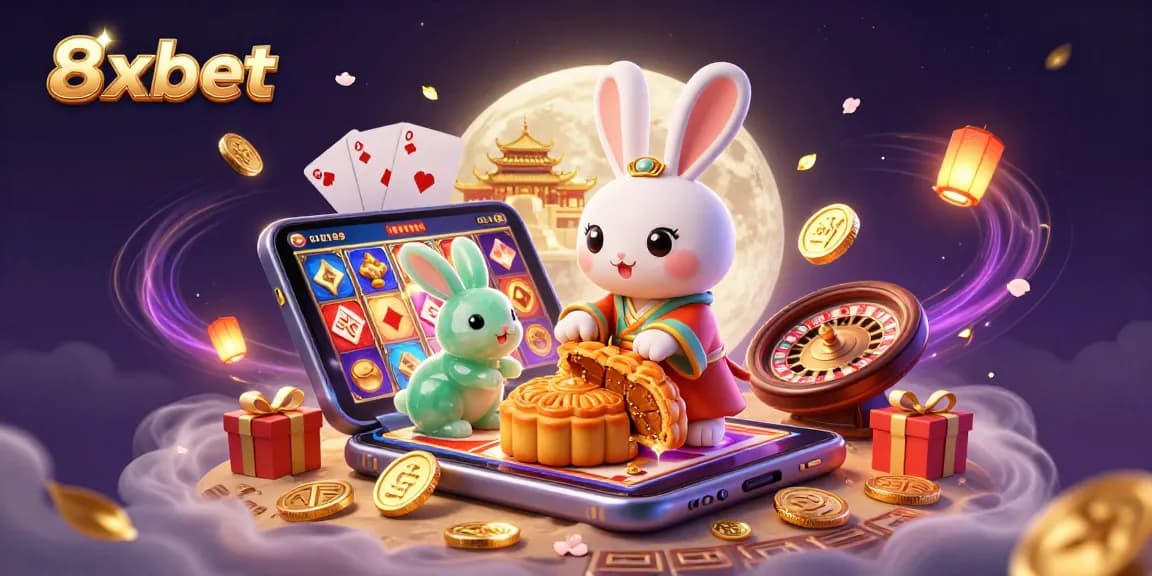 Join the excitement at 8xbet as the moon rabbit reveals poker chips while pounding mooncakes