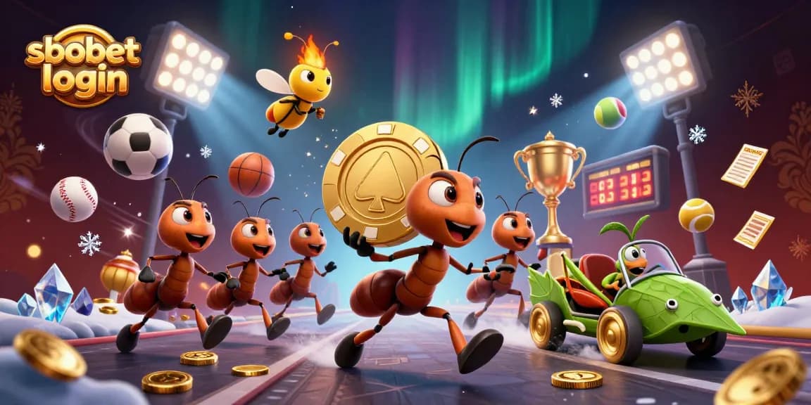 Experience sbobet login action with a team of ants carrying a giant poker chip, surrounded by sports elements.