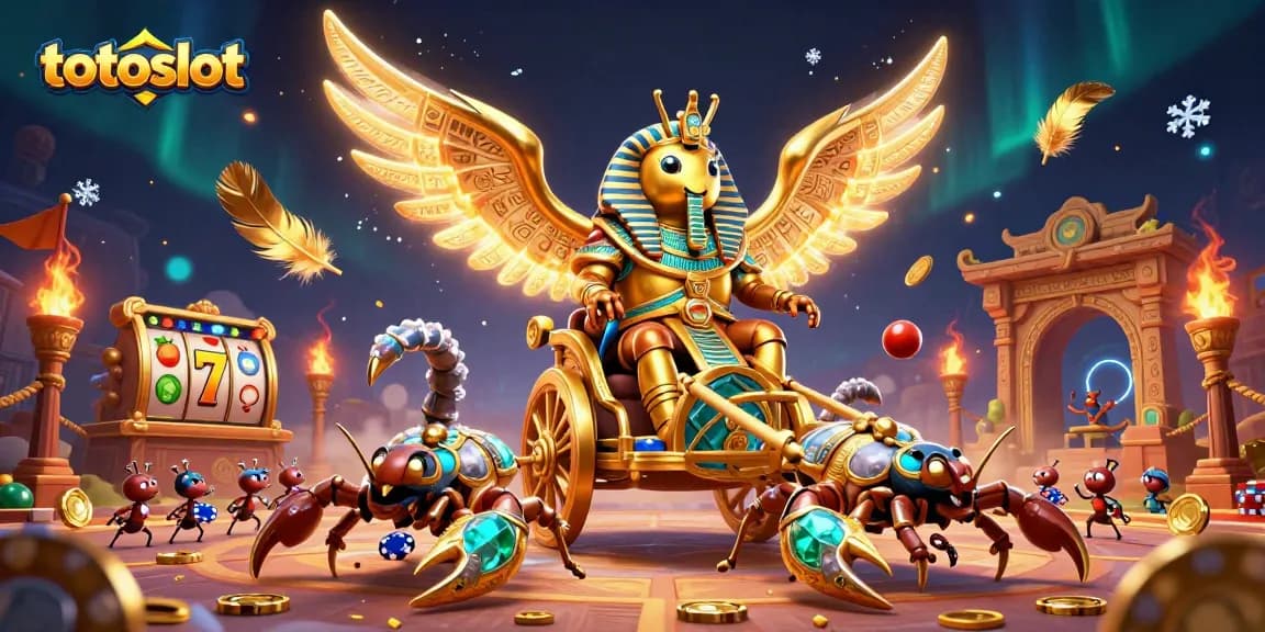 Engage in thrilling slot adventures with totoslot as a majestic scarab beetle and scorpions dominate the scene.