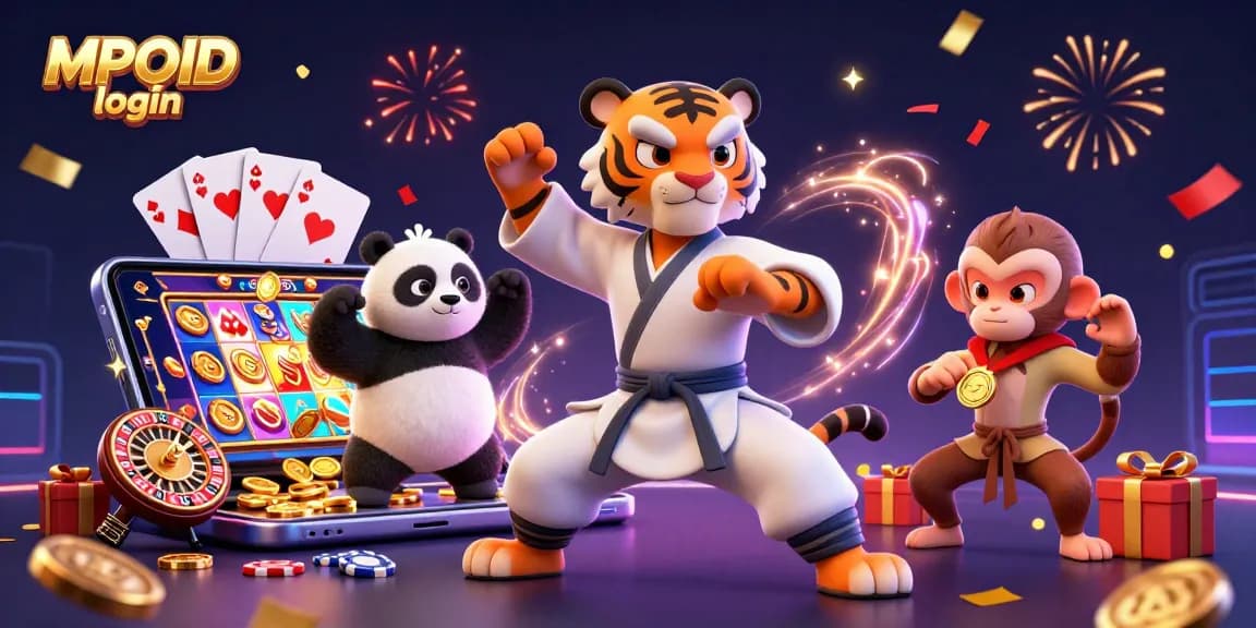 MPOID login features a kung fu tiger master, panda disciple, and monkey student in a vibrant casino scene with dynamic game elements.