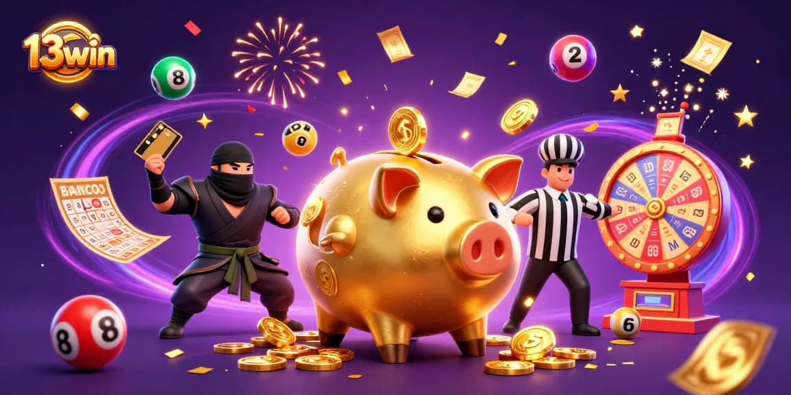 Engage with the 13win gaming world featuring lively characters and vibrant casino elements.