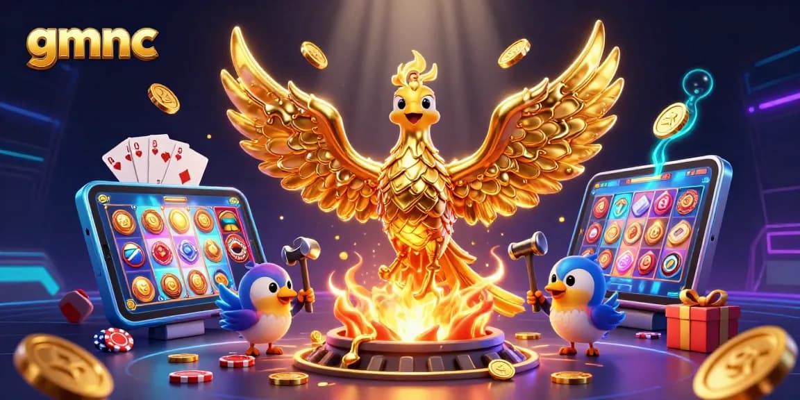 Engaging 3D illustration showcasing gmnc with a molten gold phoenix and animated casino elements.