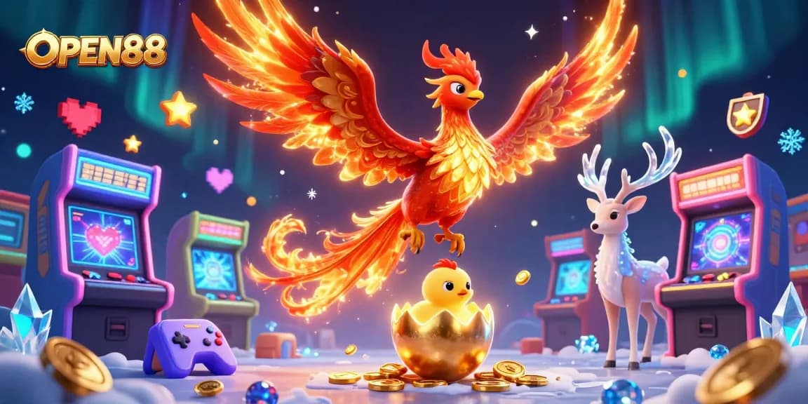 Experience the thrill of gaming at OPEN88 with vibrant characters and casino elements