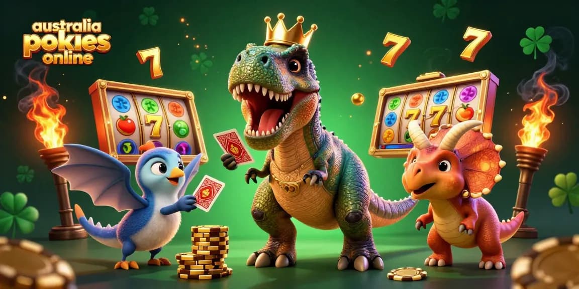 Enjoy thrilling australia pokies online action with a T-Rex, pterodactyl, and triceratops in a vibrant, dynamic casino scene.
