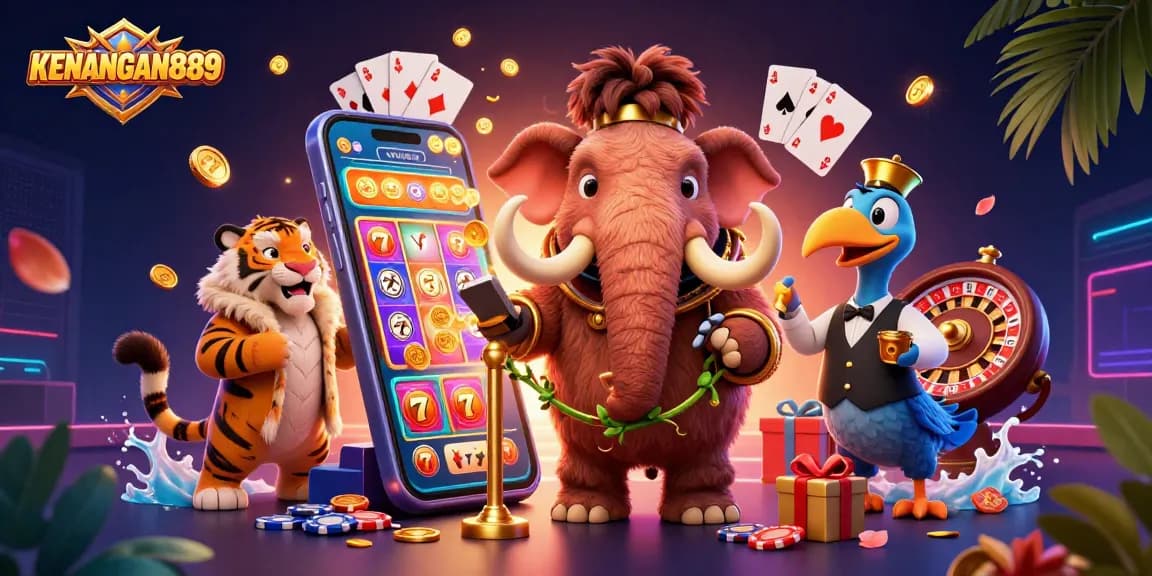 KENANGAN889 presents a dynamic casino scene featuring a woolly mammoth bouncer with slot reels and VIP guests amidst vibrant casino elements.