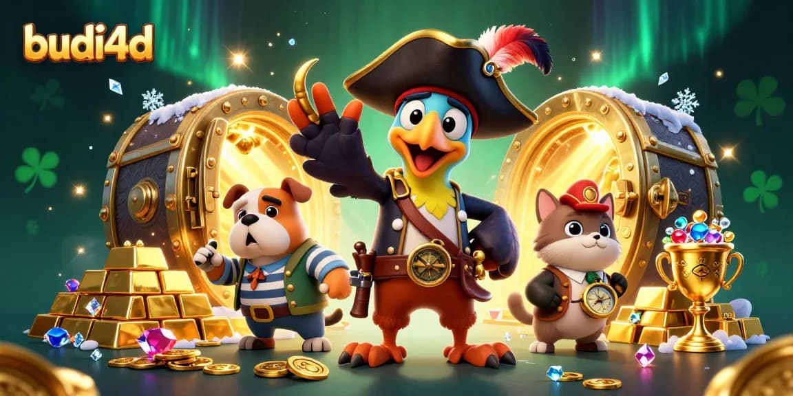 Experience thrilling wins with budi4d, illustrated by pirate characters among treasures and casino elements.