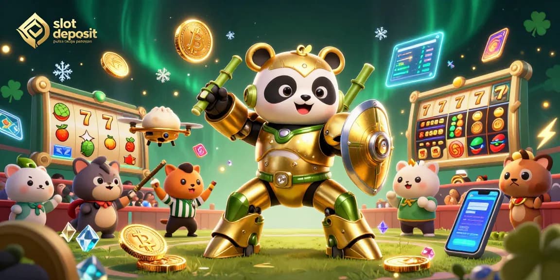 Permainan slot deposit pulsa tanpa potongan dengan karakter panda emas yang epik dan robot bertemakan bambu dalam arena penuh semangat