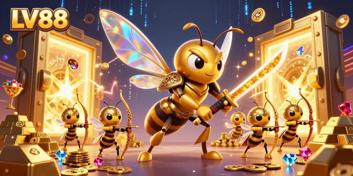 Experience action-packed gaming at LV88 with a vibrant 3D illustration showcasing exciting casino elements.