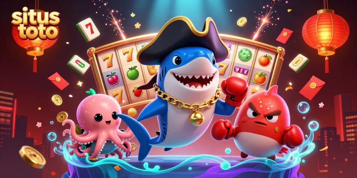 Menggali keseruan situs toto dengan kostum karakter 3D kartun, ikan hiu bajak laut, ikan puffer merah, dan baby gurita memegang koin emas.