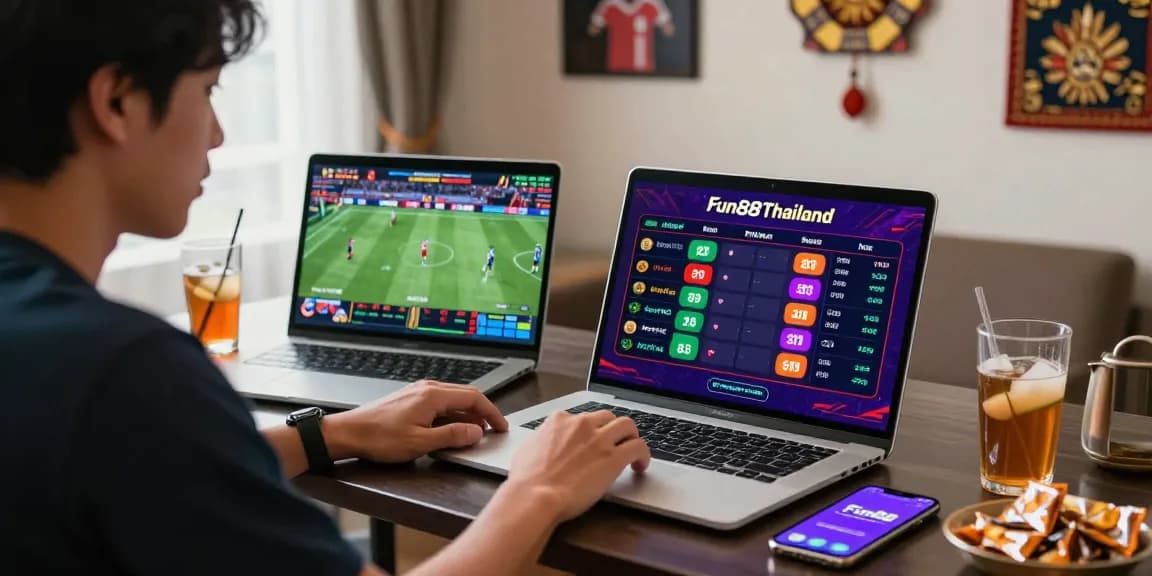 Engaged Thai bettor using Fun88Thailand on laptop and smartphone amidst lively atmosphere.