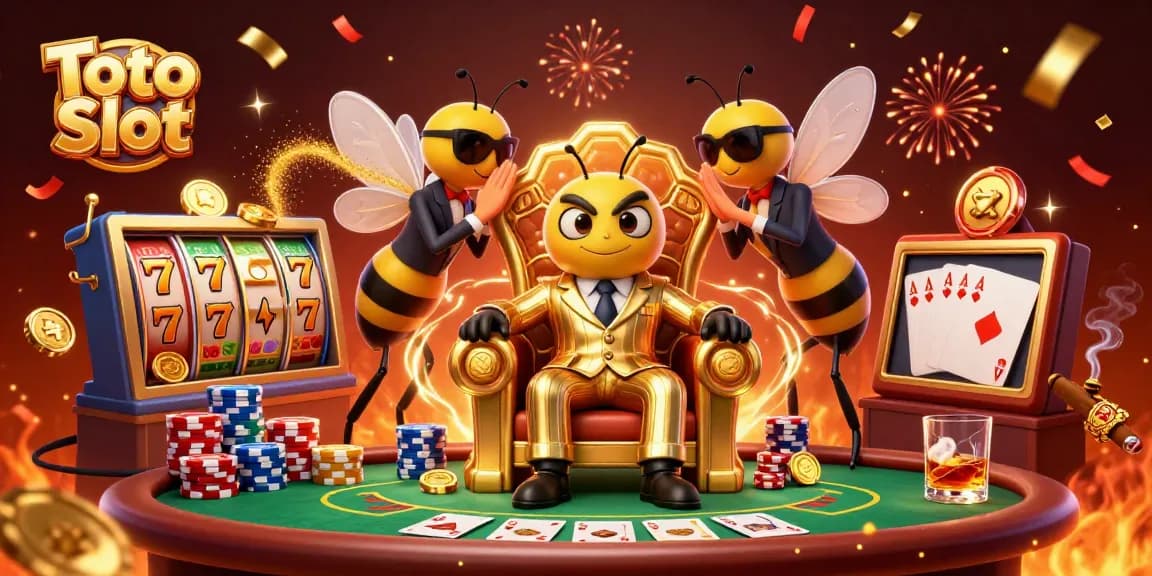 Toto Slot action scene featuring a mob boss bee with slot reels, poker chips, and vibrant casino elements.