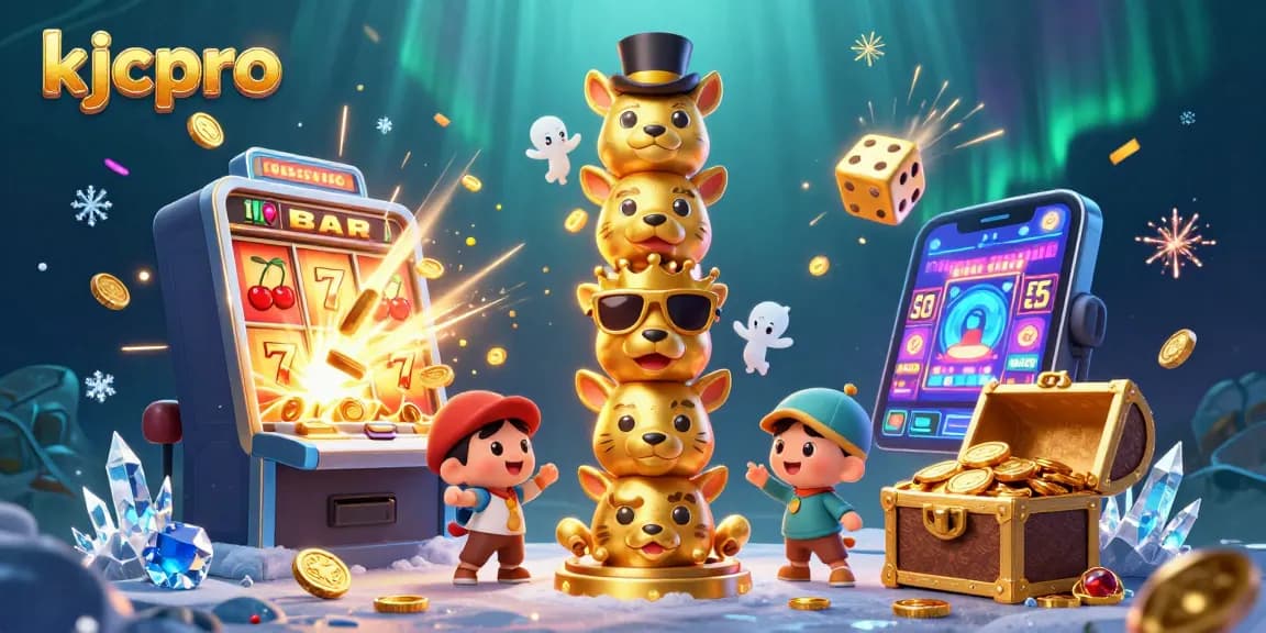 Engage with kjcpro's captivating jackpot scene featuring a magical golden totem surrounded by dynamic casino game elements.