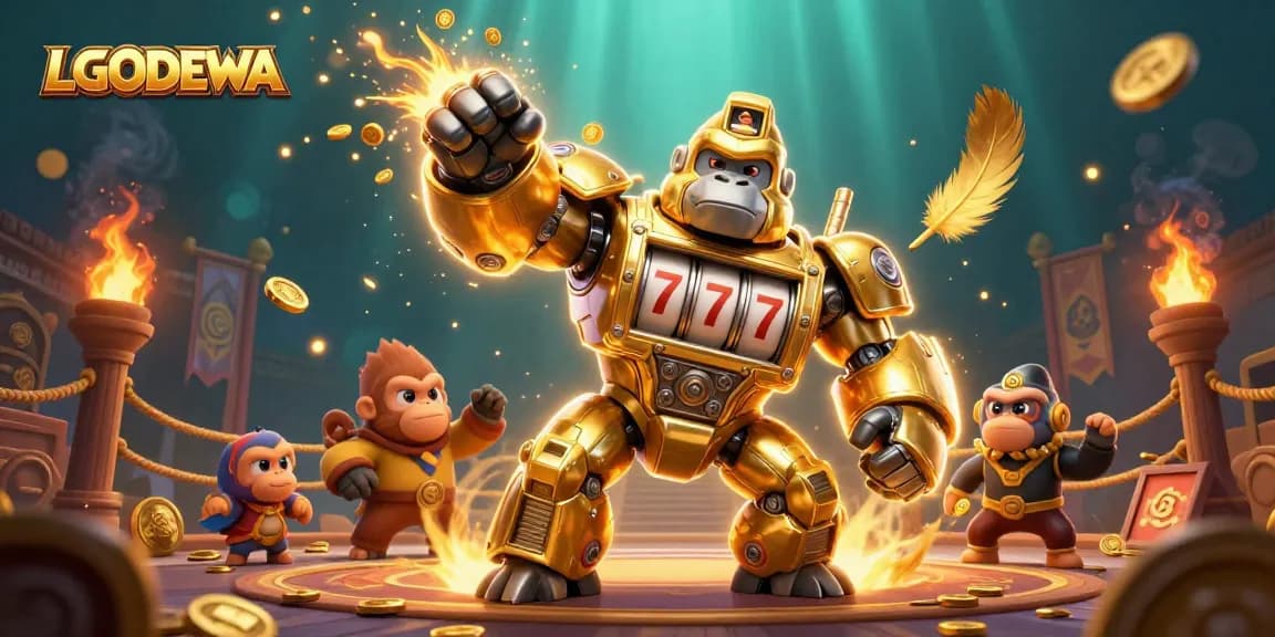 Spin and win with LGODEWA's golden mech slot machine, showcasing explosive gaming action!