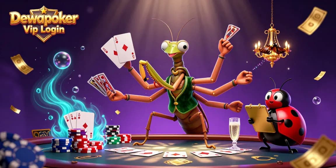 Dewapoker Vip Login showcases a vibrant poker game scene with a giant mantis dealer and a ladybug pit boss.