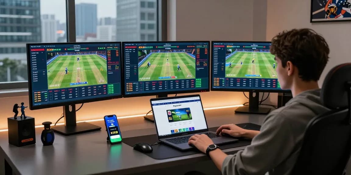 Playexch247 online sports betting workspace featuring cryptocurrency trading charts and cricket stats on multiple monitors in a modern office.