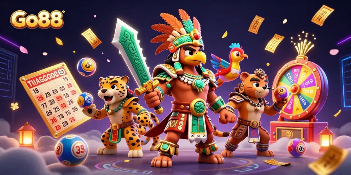 Engage with Go88's dynamic casino scene featuring lively characters amidst colorful gaming elements.