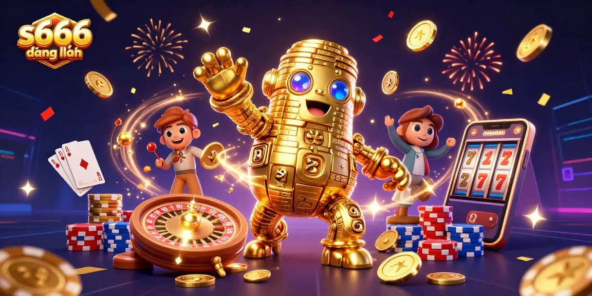 S666 đăng nhập with a golden golem and casino elements brings luck and excitement to players.