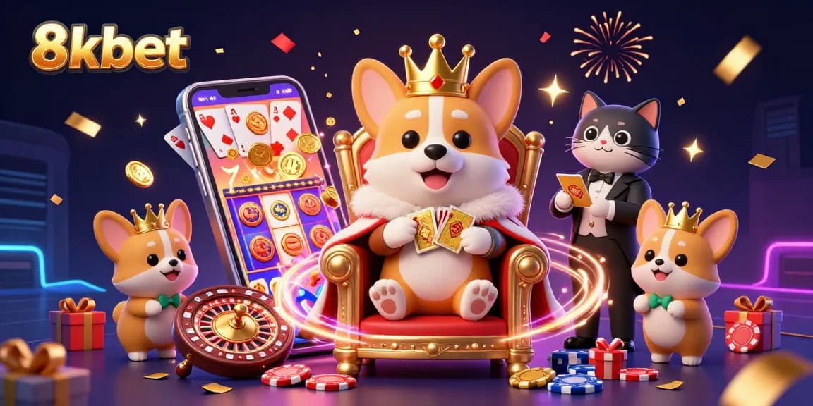Join the fun at 8xbet with lively gaming elements, showcasing a cheerful royal corgi and vibrant casino features.