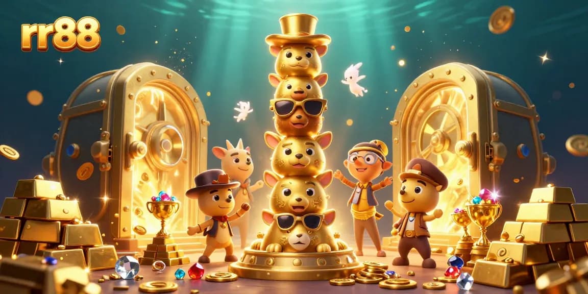 Experience exciting wins at rr88 with a dynamic 3D casino scene featuring a golden totem and treasure.