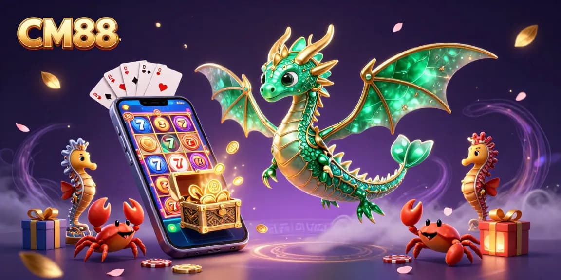 Experience vibrant slot games at CM88 with enchanting sea dragons and treasure chests.