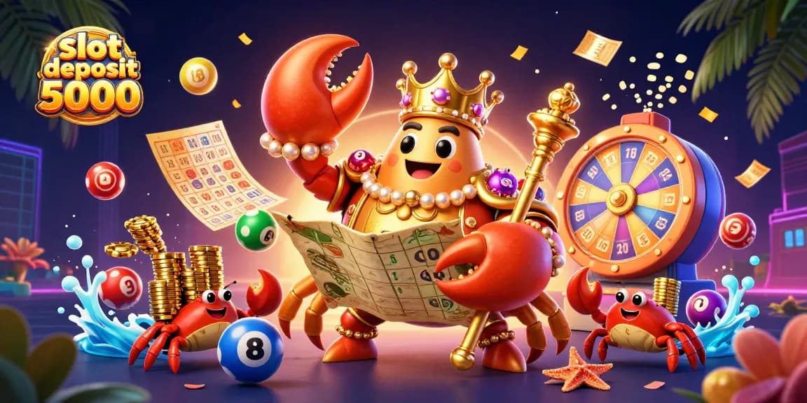 Exciting slot deposit 5000 gameplay illustration featuring a golden crab emperor amidst colorful casino elements.