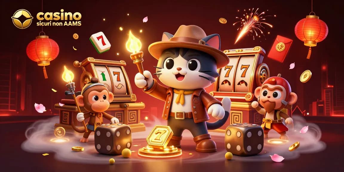 Esplora i casino sicuri non AAMS con un gatto avventuriero 3D, artefatti dorati e elementi di gioco dinamici.