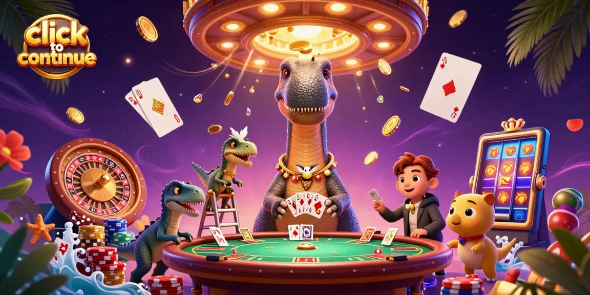 Engage with click to continue, showcasing vibrant casino scene filled with excitement and gaming elements.