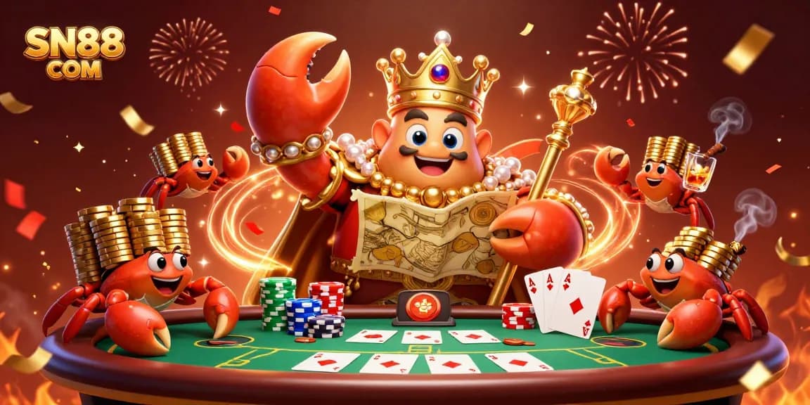 Experience thrilling gameplay at SN88 COM, featuring a golden crab emperor amid vibrant poker and casino elements.