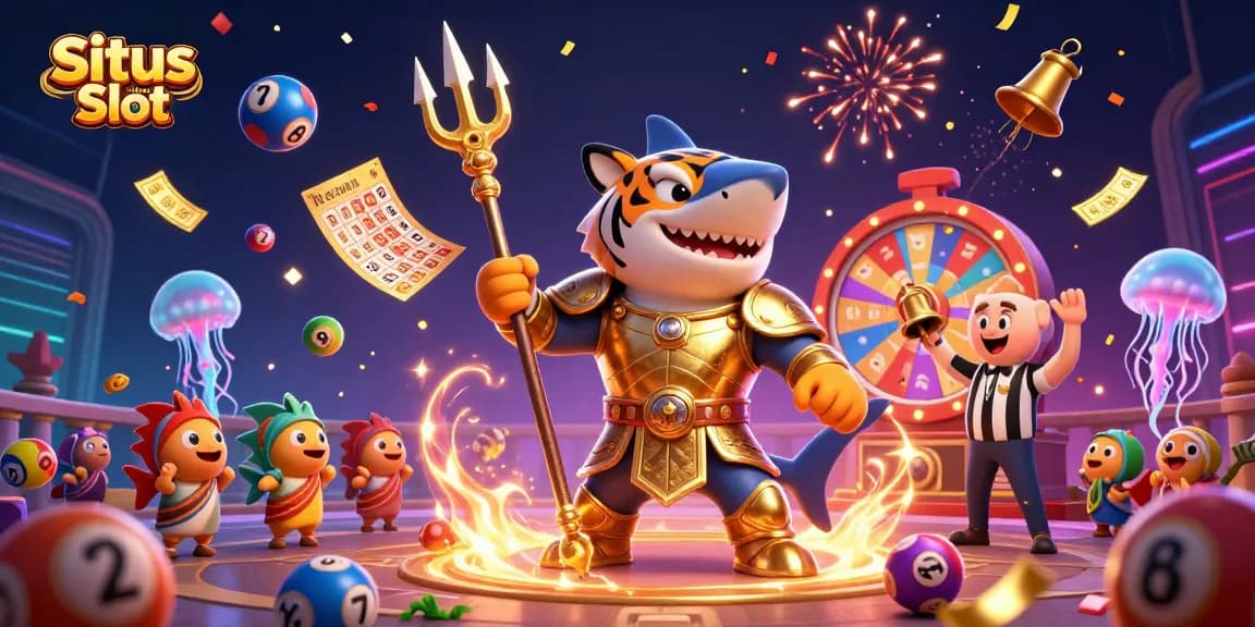 Menghadirkan Situs Slot Resmi dengan ikan hiu kartun ganas mengenakan armor gladiator, meriah dengan bola lotere berwarna-warni dan efek uang jatuh.