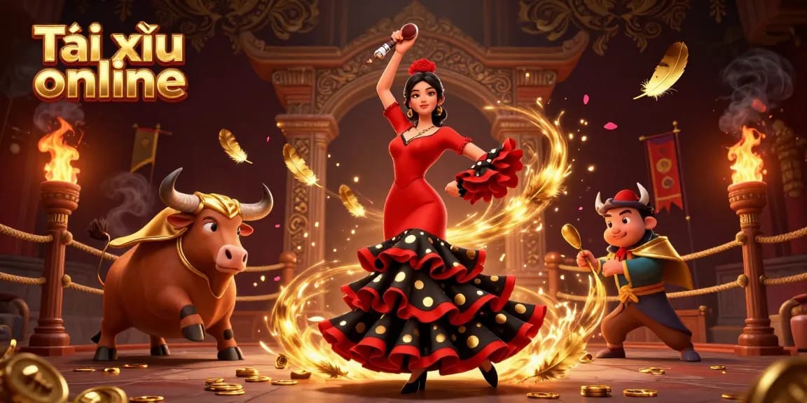 Engage in Tài xỉu online action with a stunning flamenco dancer and a fighting bull in a dynamic casino scene.