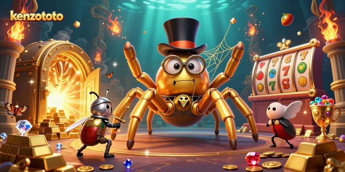 Kenzototo offers a thrilling slots experience with a vibrant scene of a cartoon character adventure in a casino atmosphere.
