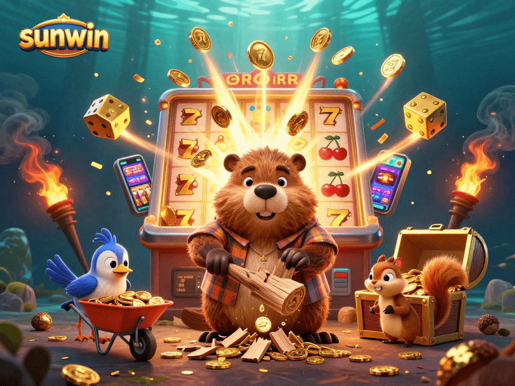 Win big with sunwin's lively casino adventure featuring a beaver, coins, and jackpots!