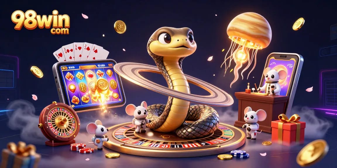 Experience the thrill of winning with 98win com's cosmic casino illustration featuring unique gaming elements.