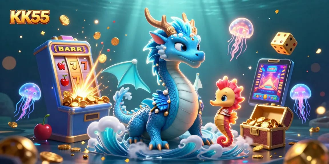Experience thrilling gaming at KK55 with exciting slot machines and vibrant underwater elements.