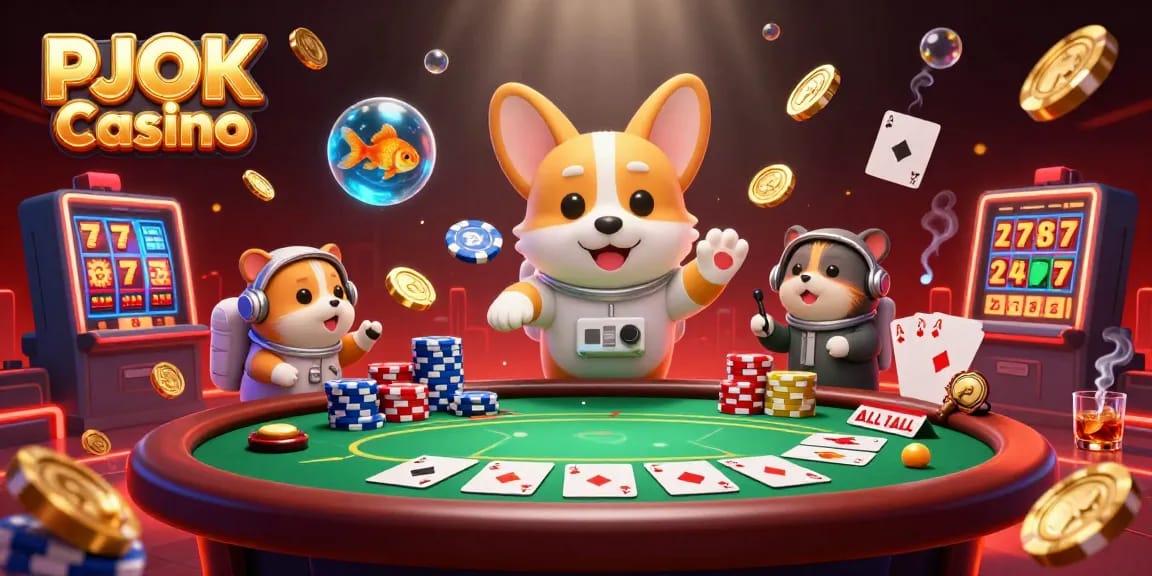 Experience epic gaming at PJOK Casino with a space-themed illustration of a corgi and mission-control hamster.