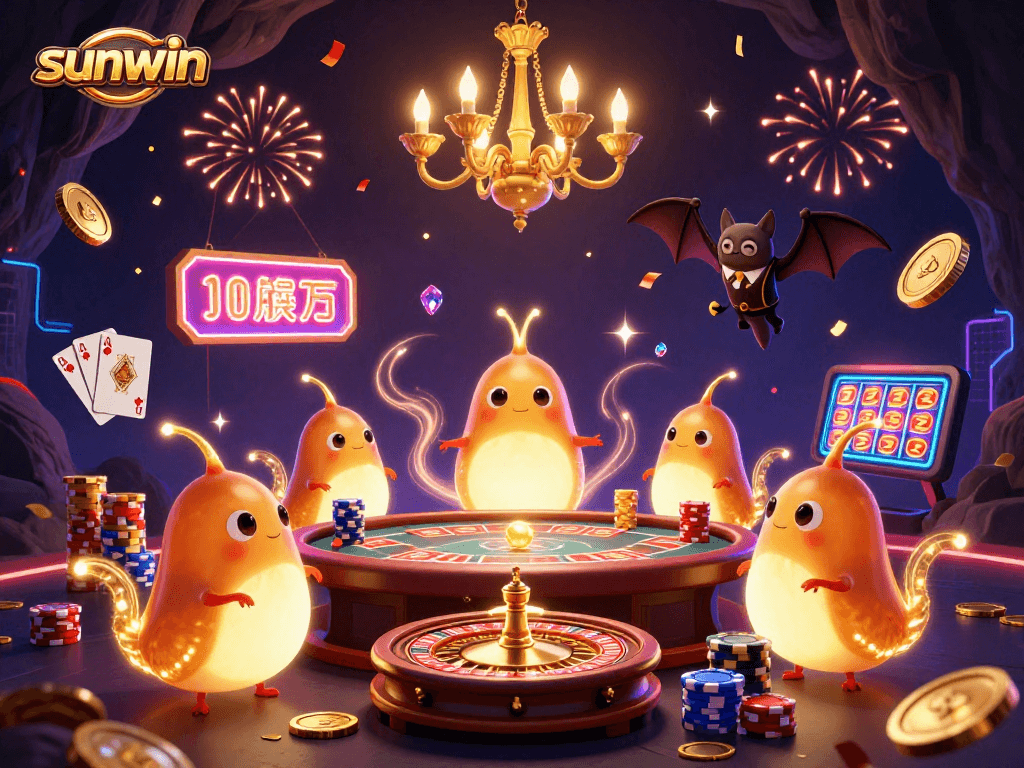Engage in the thrilling atmosphere of sunwin casino illuminated by glowing glowworms and vibrant gaming elements.