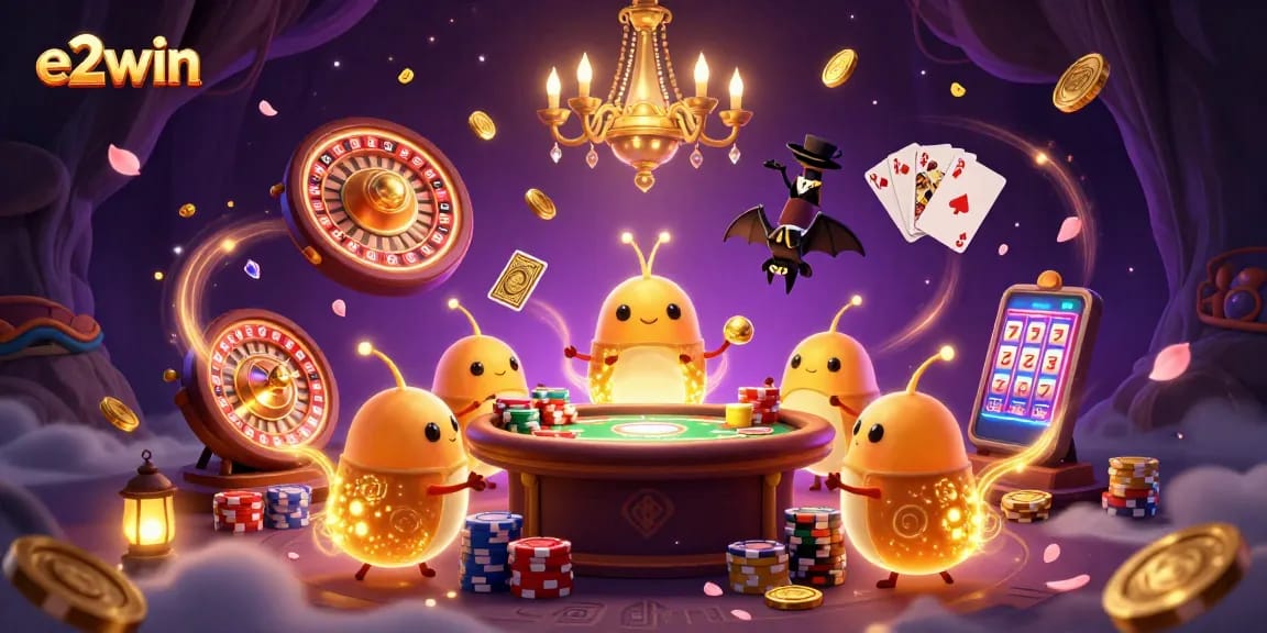 E2win shines in a vibrant cave casino with glowing elements, capturing the thrill of gaming action.