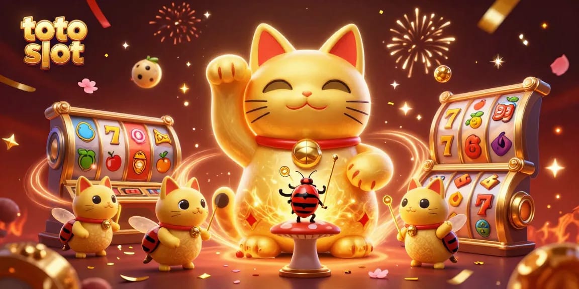 Menangkan sesi bermain toto slot dengan simbol kasino yang berkilau dan karakter lucu di latar belakang yang cerah.