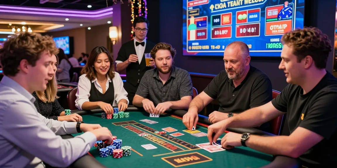 Exciting KO66 Casino scene with players engaged at a gaming table, showcasing vibrant atmosphere.