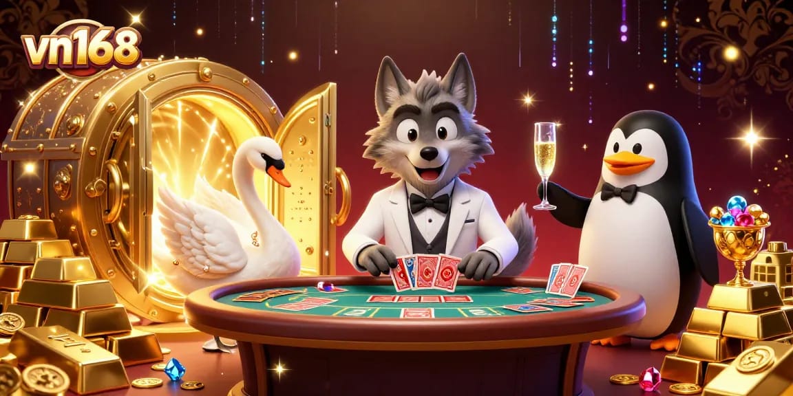 Experience thrilling gameplay at vn168 with a glamorous baccarat scene featuring a debonair wolf and more.