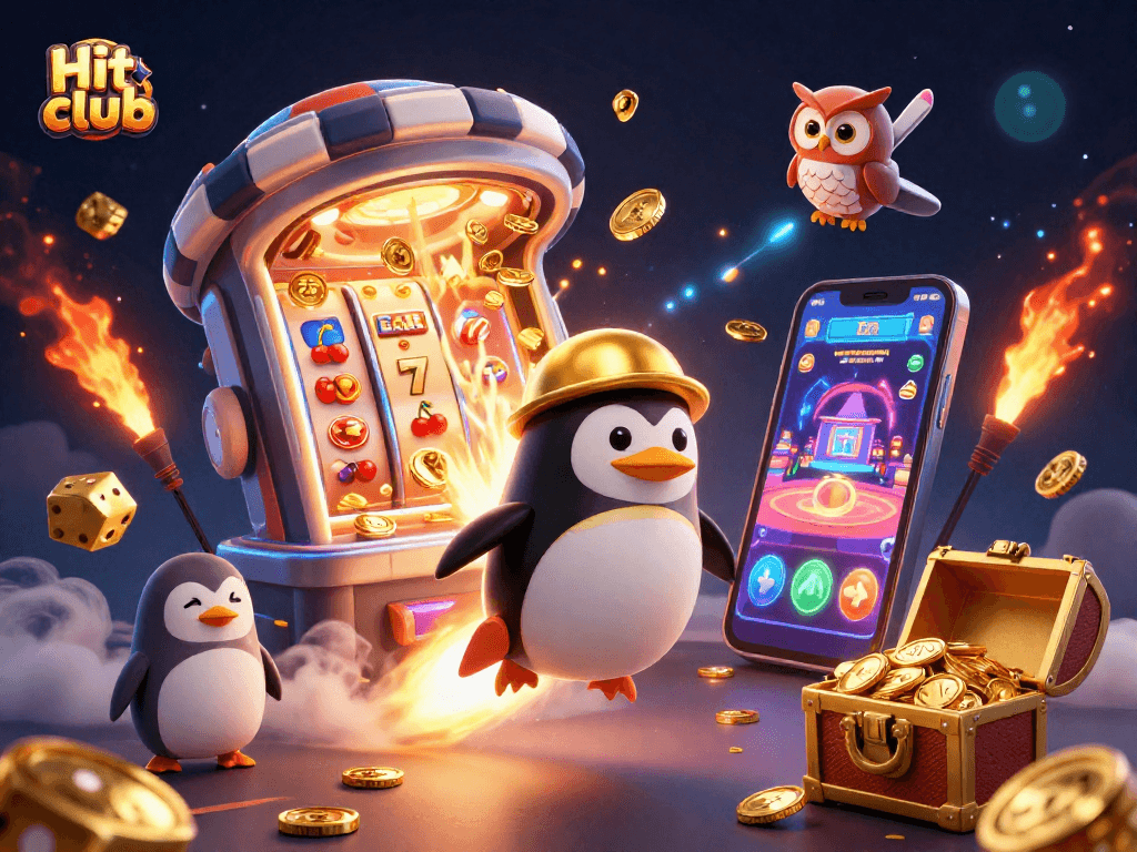 Experience excitement at Hit club with a vibrant casino-themed illustration bursting with action and rewards.
