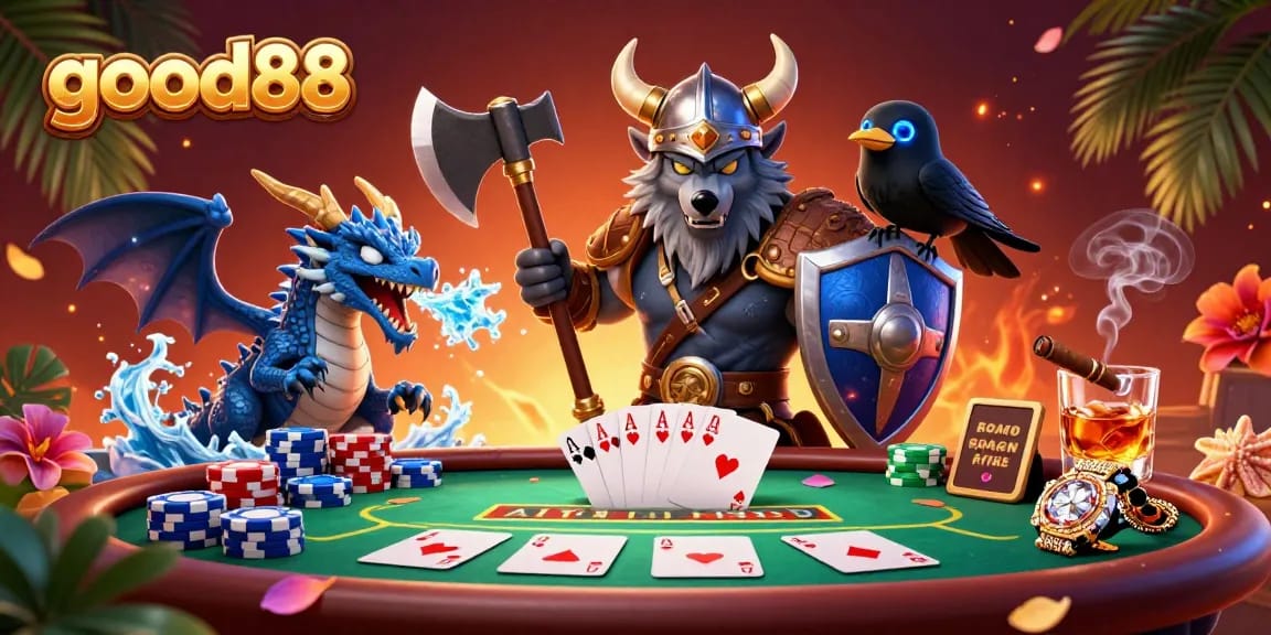 Exciting gameplay at good88 with a cartoon Viking wolf and dragon amidst a vibrant casino scene.