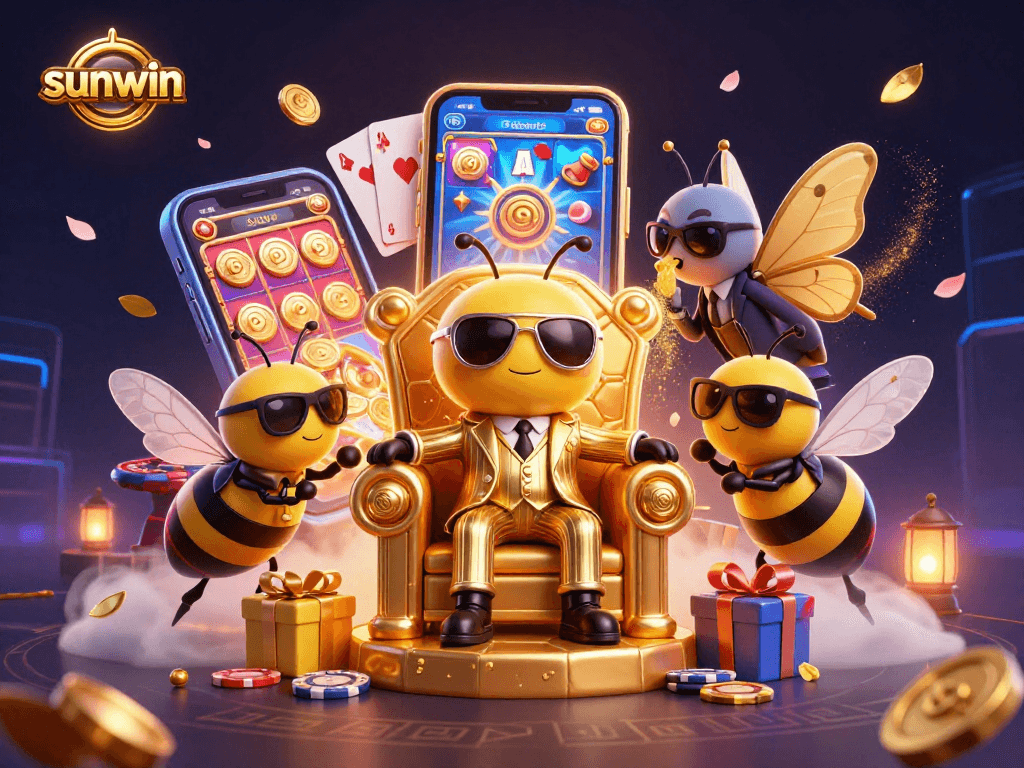 Experience the thrilling slots at sunwin with animated characters in a vibrant 3D casino illustration.