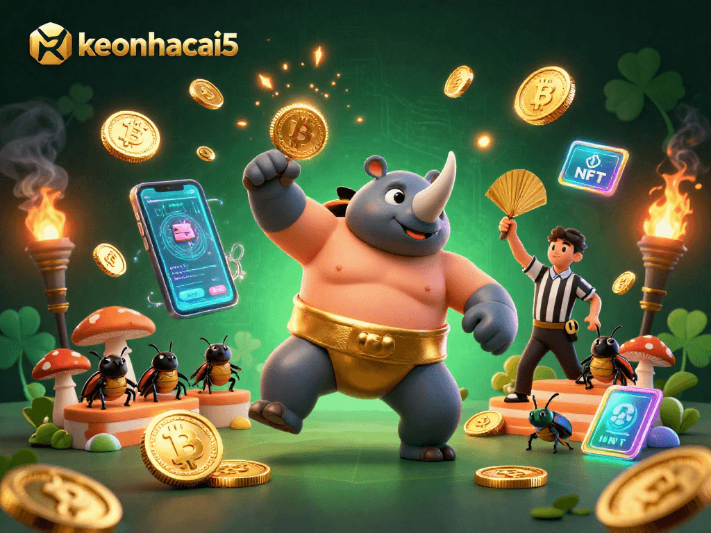 Experience thrilling action with keonhacai5 showcasing a sumo beetle champion amidst flying coins and crypto elements.