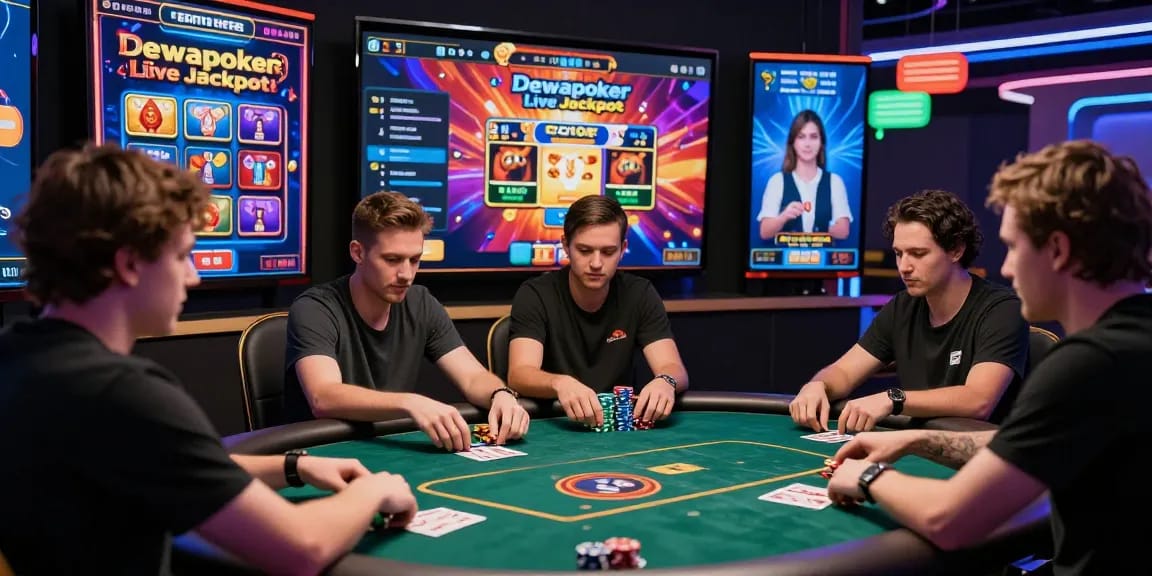 Dewapoker Live Jackpot scene showcasing an immersive online poker experience with excited players and vibrant graphics.