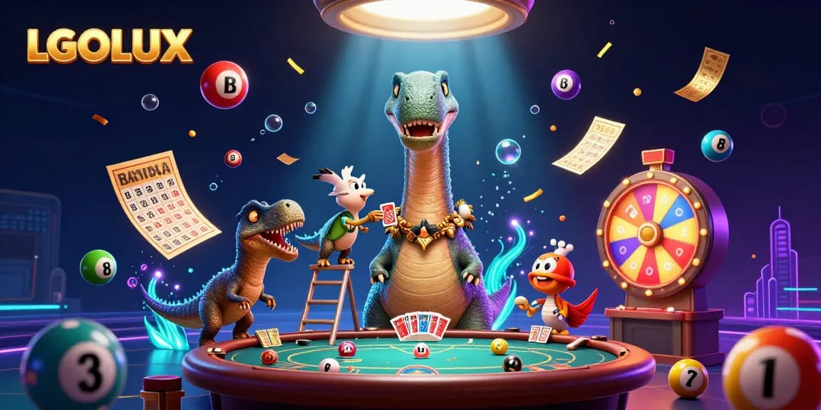 Engage with LGOLUX's vibrant gaming world showcasing a massive brontosaurus and clever raptor in this dynamic casino scene.