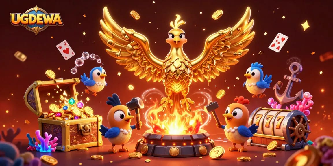 Experience thrilling gameplay at UGDEWA with vibrant slot reels and a golden phoenix illustration.
