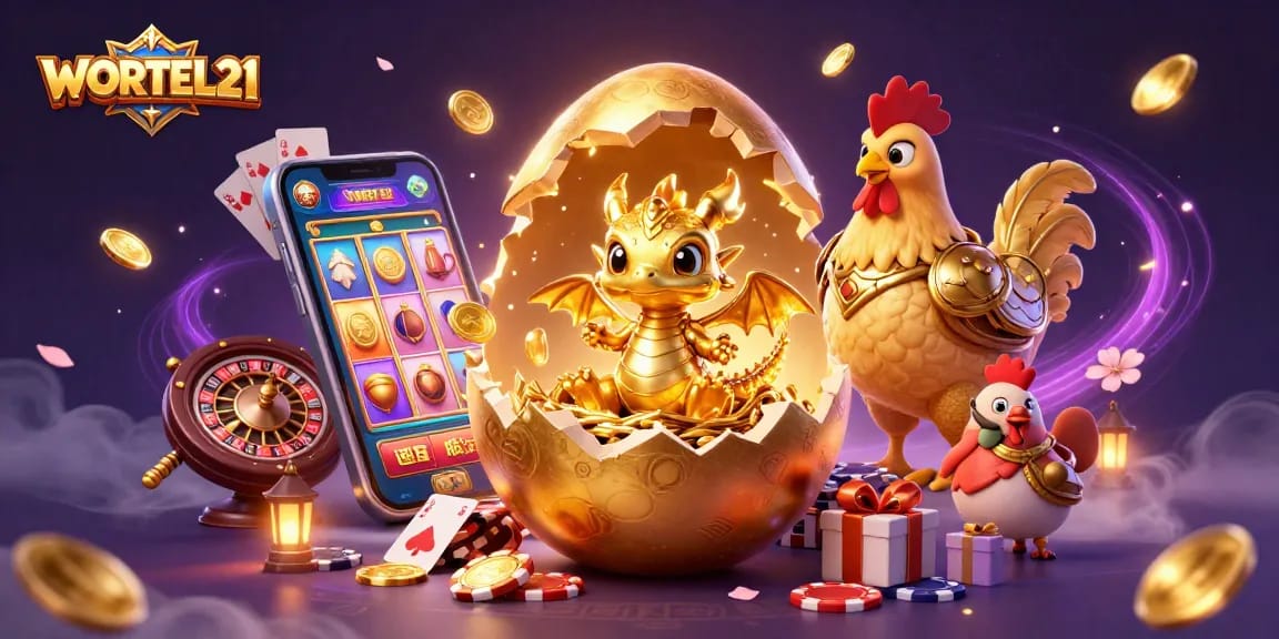 Engage with WORTEL21 gaming as a golden dragon emerges surrounded by casino symbols.