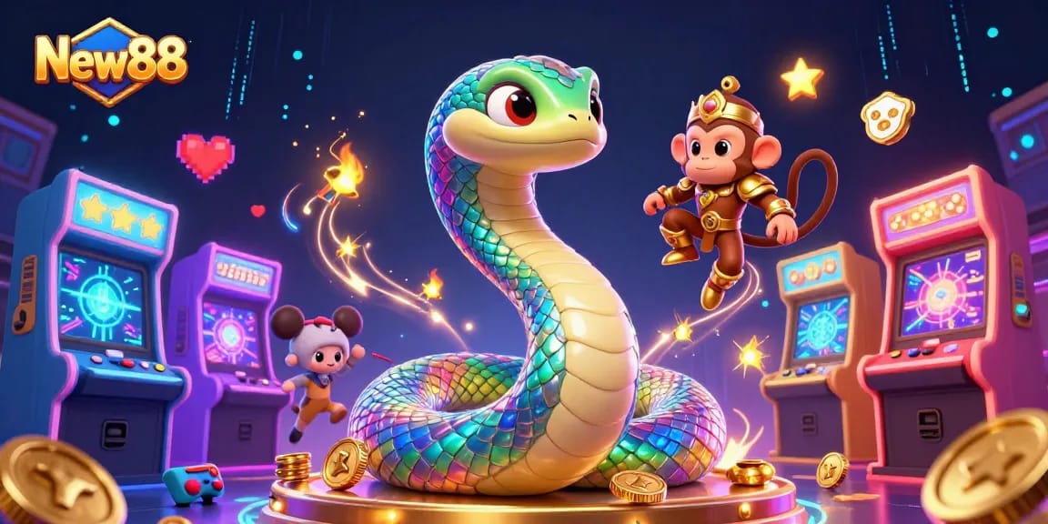 Experience thrilling gameplay at New88 with a vibrant casino-themed 3D scene featuring a rainbow serpent and monkey king.
