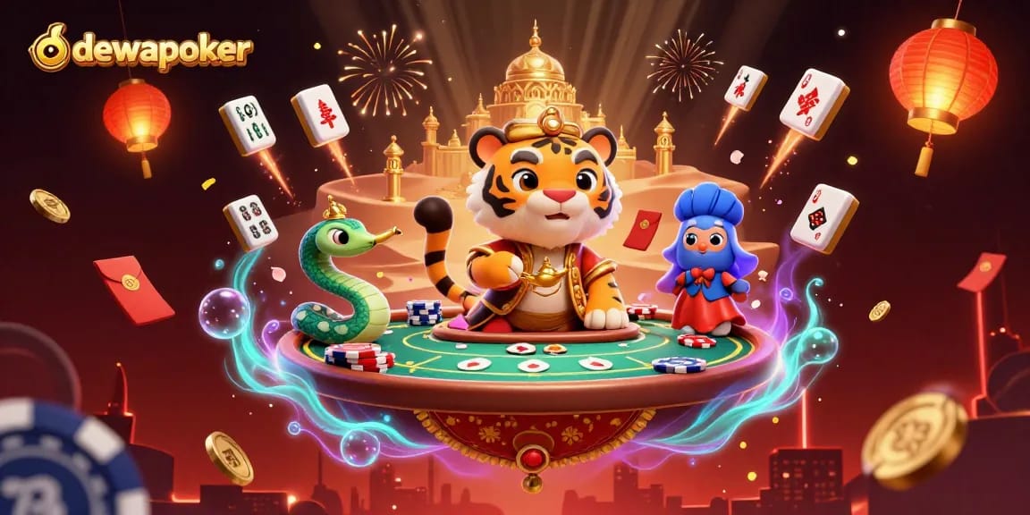 Engage in thrilling poker adventures with Dewapoker's vibrant 3D casino art featuring iconic symbols.